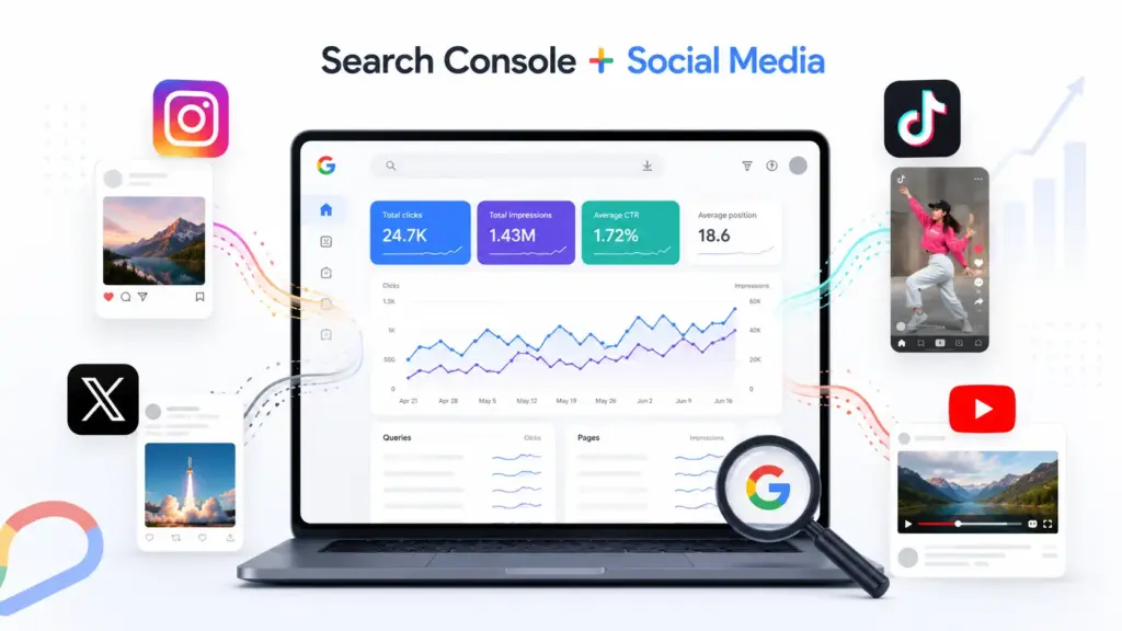 Google Search Console Social Media dashboard tracking Instagram, TikTok, X and YouTube search performance.