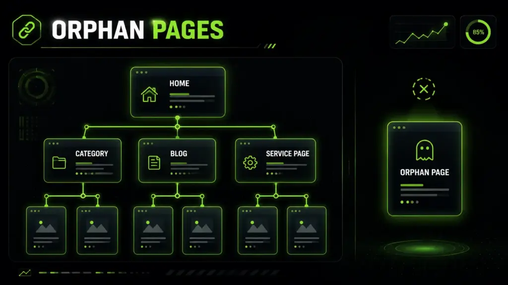 Orphan pages SEO structure showing connected website pages and one isolated orphan page without internal links