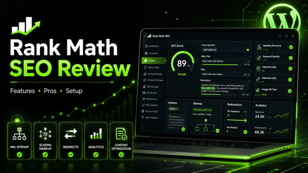 Rank Math SEO dashboard with neon green SEO features on a black background.
