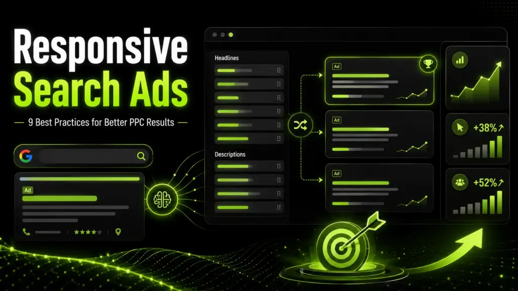 Responsive search ads dashboard with neon green PPC performance charts, ad variations, search bar, and optimization visuals on a black background.
