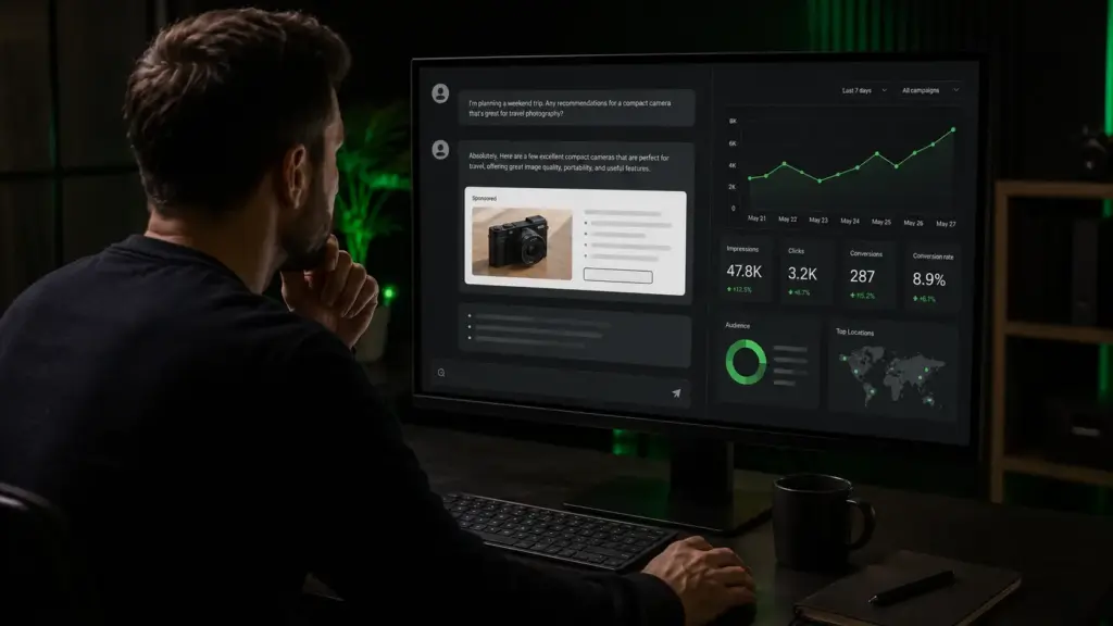 Digital marketer analyzing a sponsored result and ChatGPT Ads campaign performance on a desktop screen