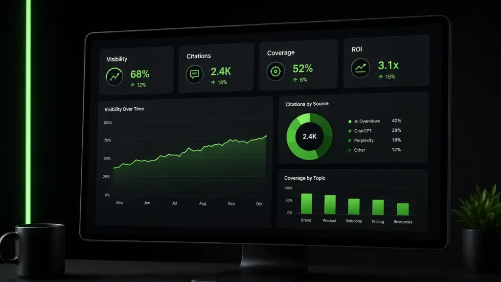 AI search visibility metrics KPIs dashboard showing visibility, citations, coverage, and ROI on a black and neon green screen.