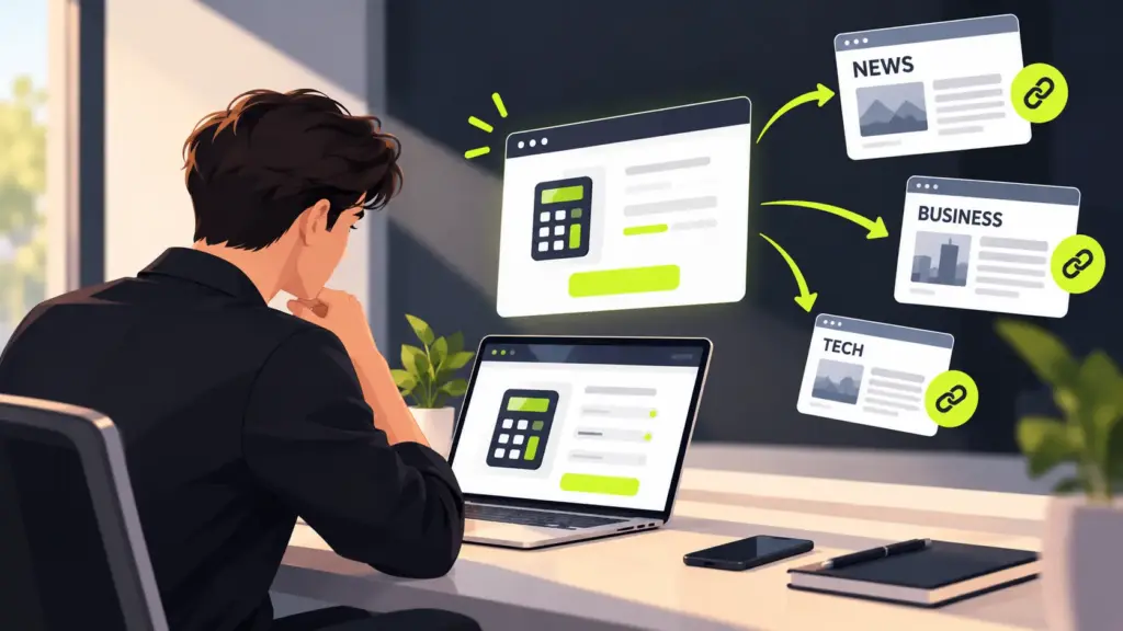 Digital PR link building illustration showing an online calculator earning backlinks from news, business, and technology websites.