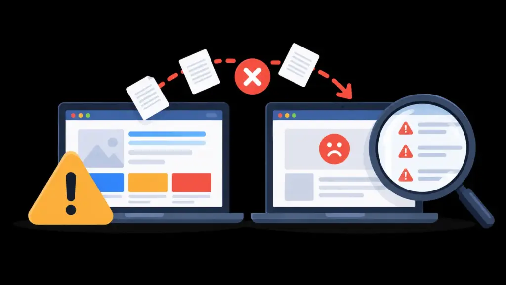 Website migration SEO mistakes illustration showing broken website transfers, technical SEO errors, missing redirects, warning signs, and a magnifying glass highlighting migration issues.
