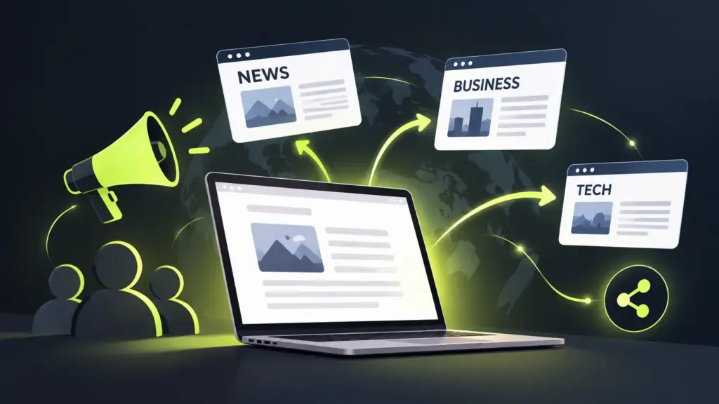 Digital PR illustration showing brand visibility growth through media coverage, online publications, audience reach, and content sharing.