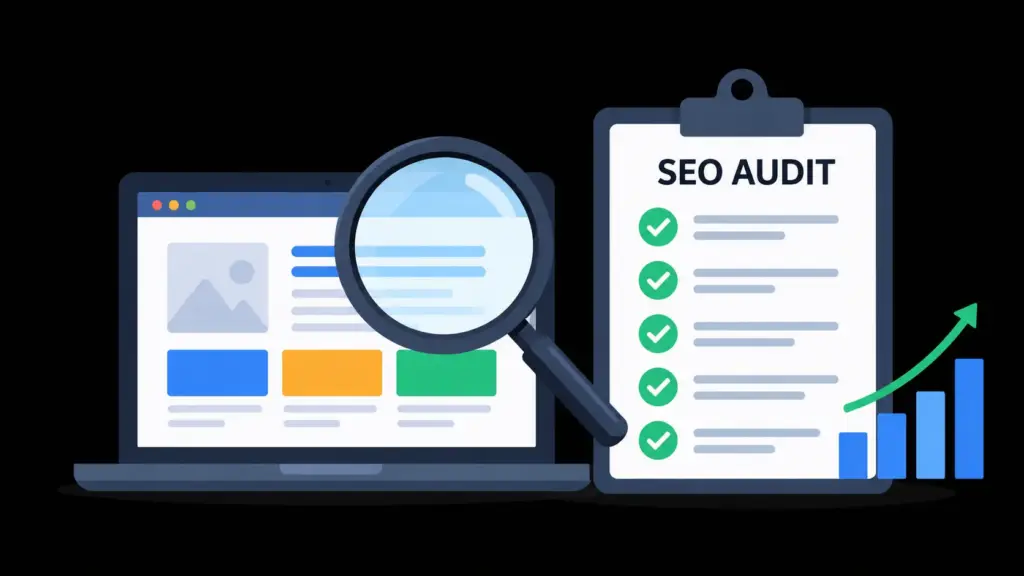 SEO audit illustration showing website analysis with a magnifying glass, technical SEO checklist, green checkmarks, and an upward performance growth chart